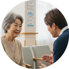 高齢者とスタッフが笑顔で話す様子